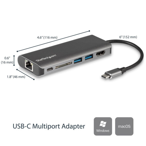 StarTech.com Adaptador multiportas USB C - Dock USB-C portátil para HDMI de 4K, Concentrador USB 3.0 de 2 portas, SD SDHC, GbE,