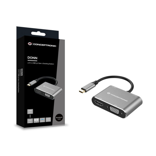 Conceptronic DONN16G base & duplicador de portas Com fios USB 3.2 Gen 1 (3.1 Gen 1) Type-C Preto, Prateado