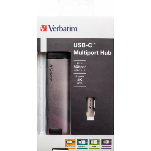 Verbatim 49141 base & duplicador de portas USB 3.2 Gen 1 (3.1 Gen 1) Type-C Preto, Prateado