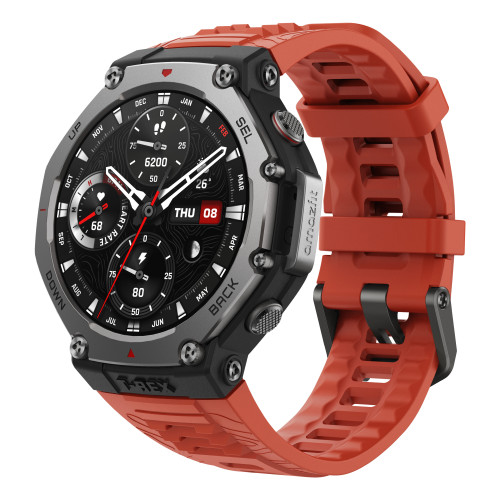 Amazfit T-Rex 3 Lava 3,81 cm (1.5") AMOLED Digital 480 x 480 pixels Ecrã táctil Preto, Aço inoxidável GPS