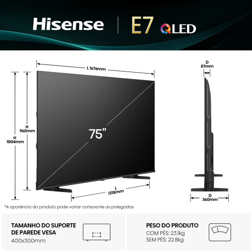 Hisense 75E7Q TV 190,5 cm (75") 4K Ultra HD Smart TV Wi-Fi Preto 385 cd m²