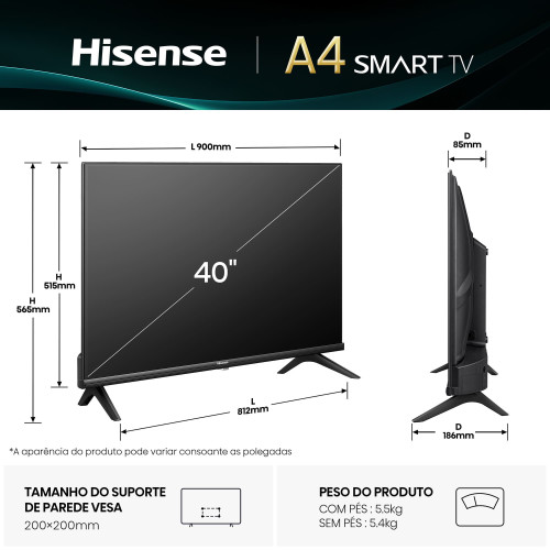 Hisense 40A4Q TV 101,6 cm (40") HD Smart TV Wi-Fi Preto 200 cd m²