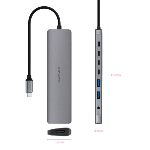Nanocable 10.16.4608 base & duplicador de portas Com fios USB 3.2 Gen 1 (3.1 Gen 1) Type-C Cinzento