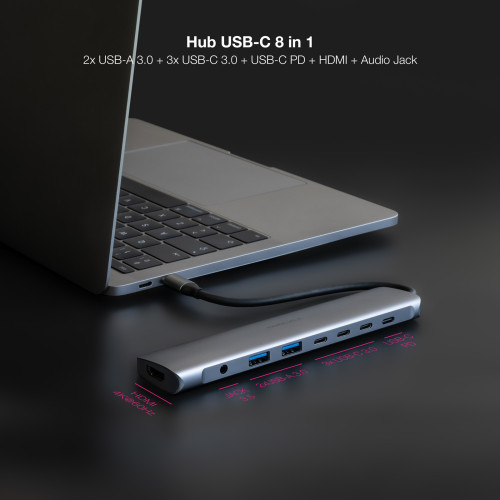 Nanocable 10.16.4608 base & duplicador de portas Com fios USB 3.2 Gen 1 (3.1 Gen 1) Type-C Cinzento
