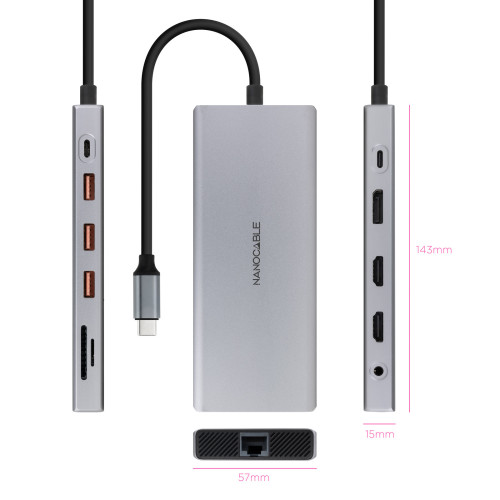 Nanocable 10.16.4612 base & duplicador de portas Com fios USB 3.2 Gen 1 (3.1 Gen 1) Type-C Cinzento