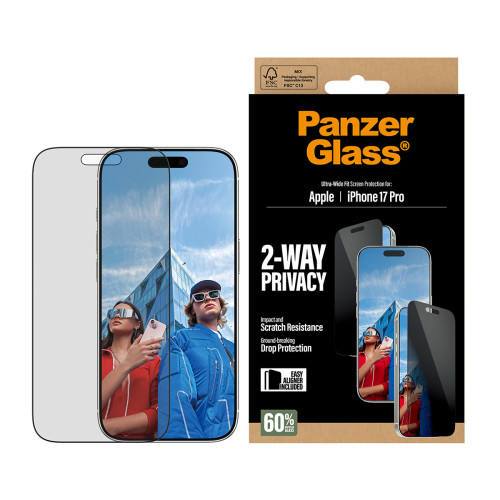 PanzerGlass ® 2-Way Privacy Screen Protector iPhone 17 Pro | Ultra-Wide Fit w. EasyAligner Proteção de ecrã transparente Apple