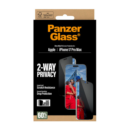 PanzerGlass ® 2-Way Privacy Screen Protector iPhone 17 Pro Max | Ultra-Wide Fit w. EasyAligner Proteção de ecrã transparente