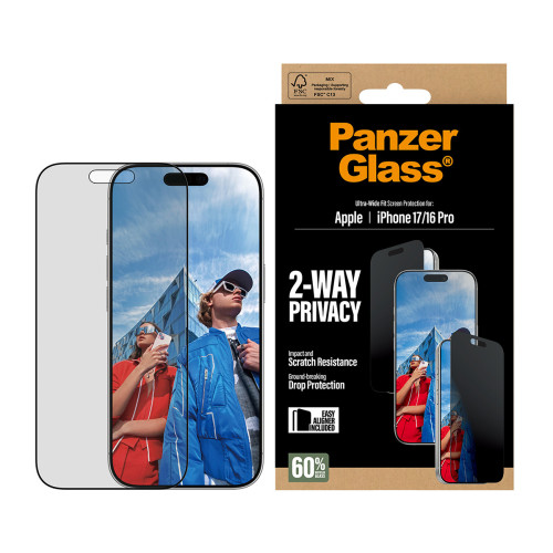 PanzerGlass ® 2-Way Privacy Screen Protector iPhone 17 | iPhone 16 Pro | Ultra-Wide Fit w. EasyAligner Proteção de ecrã