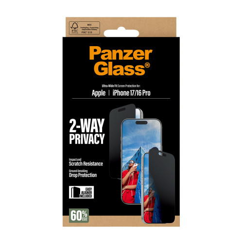 PanzerGlass ® 2-Way Privacy Screen Protector iPhone 17 | iPhone 16 Pro | Ultra-Wide Fit w. EasyAligner Proteção de ecrã