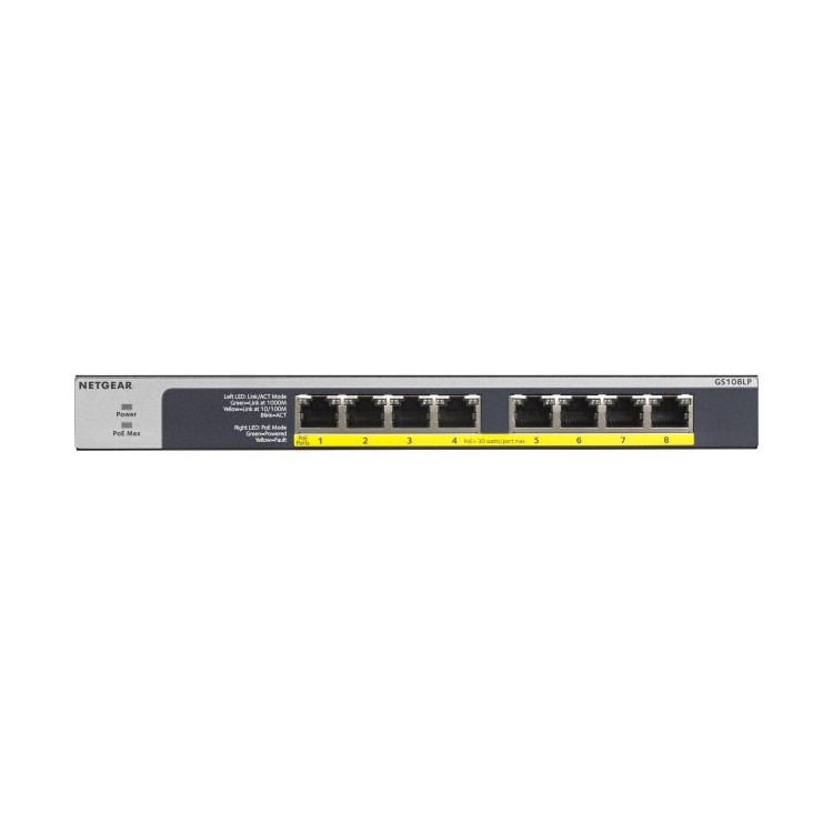 NETGEAR GS108LP Não-gerido Gigabit Ethernet (10 100 1000) Power over Ethernet (PoE) 1U Preto, Cinzento