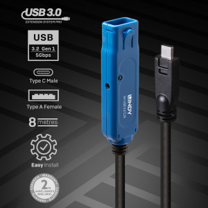 Lindy 43381 cabo USB USB 3.2 Gen 1 (3.1 Gen 1) 8 m USB C USB A Preto, Azul 2