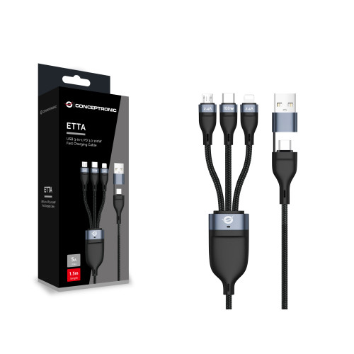 Conceptronic ETTA06B15 cabo USB USB 2.0 1,5 m USB C USB C Micro-USB B Lightning Preto