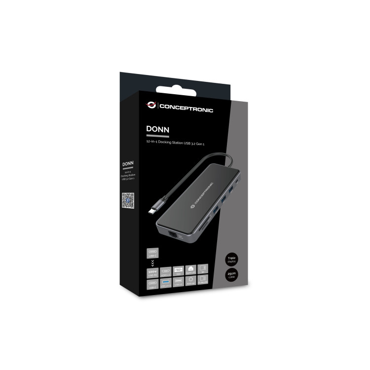 Conceptronic DONN15G base & duplicador de portas Com fios USB 3.2 Gen 1 (3.1 Gen 1) Type-C Cinzento
