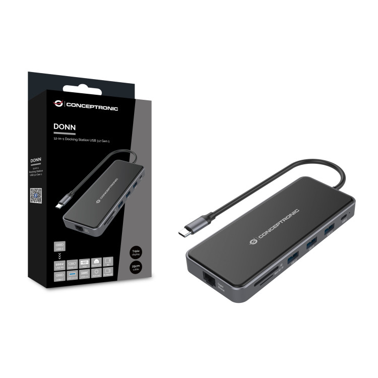 Conceptronic DONN15G base & duplicador de portas Com fios USB 3.2 Gen 1 (3.1 Gen 1) Type-C Cinzento