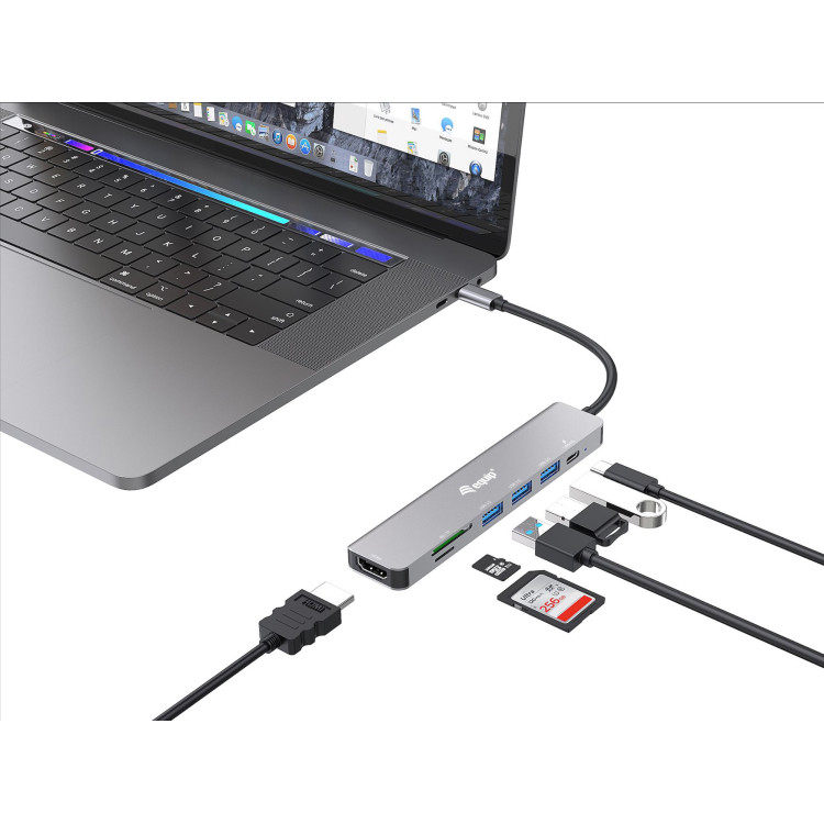 Equip 133494 Adaptador multifuncional USB-C 7 em 1, HDMI 4K 60Hz, USB 3.2 Gen1 x 3 , TF MICRO SD, 100W USB PD
