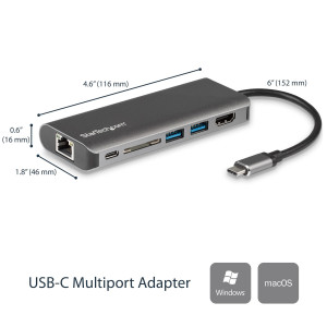 StarTech.com Adaptador multiportas USB C - Dock USB-C portátil para HDMI de 4K, Concentrador USB 3.0 de 2 portas, SD SDHC, GbE, 2
