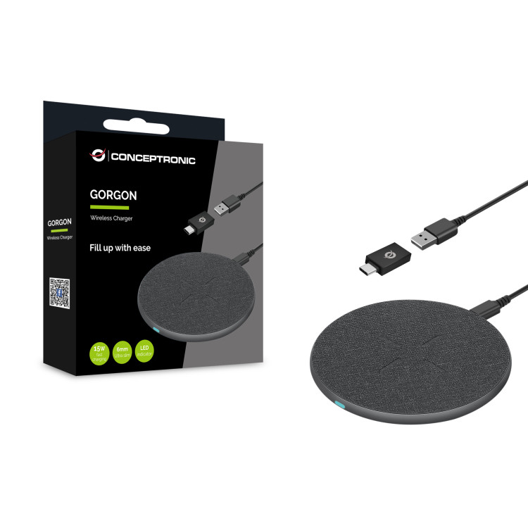Conceptronic GORGON03G carregador de dispositivos móveis Auscultadores, Smartphone Cinzento USB Carregamento wireless