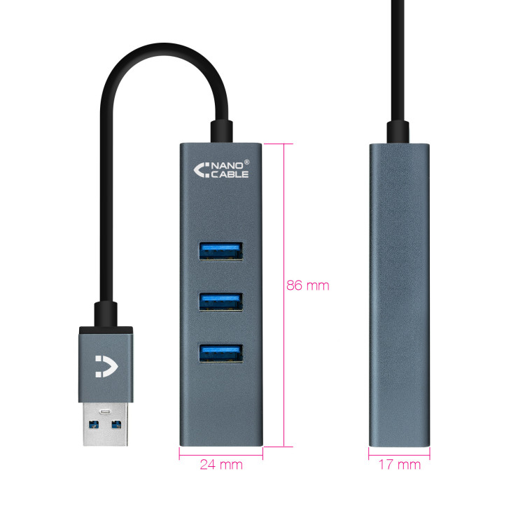 Nanocable 10.16.4402 hub de interface USB 3.2 Gen 1 (3.1 Gen 1) Type-A Cinzento