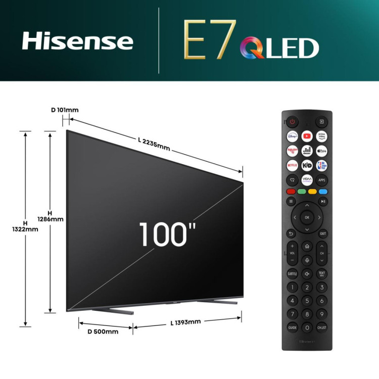 Hisense QLED Smart TV 100E7NQ 2,54 m (100") 4K Ultra HD Wi-Fi Cinzento 400 cd m²