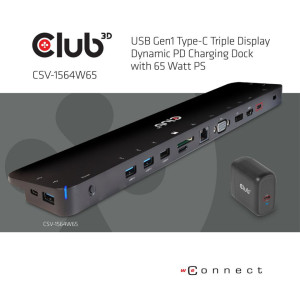 CLUB3D CSV-1564W65 base & duplicador de portas Acoplamento USB 3.2 Gen 1 (3.1 Gen 1) Type-C Preto 2