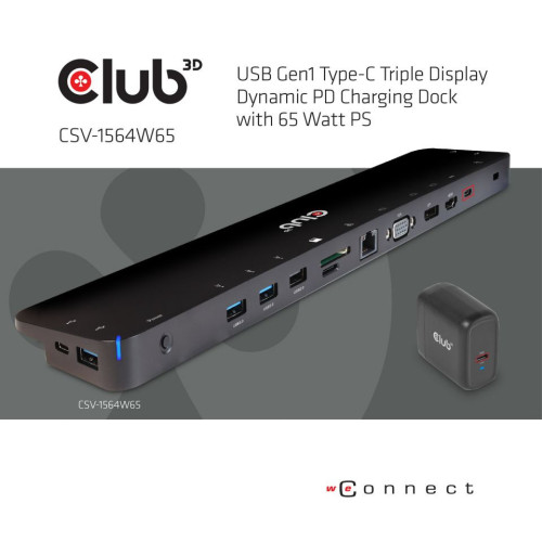 CLUB3D CSV-1564W65 base & duplicador de portas Acoplamento USB 3.2 Gen 1 (3.1 Gen 1) Type-C Preto