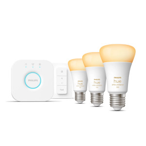 Philips Luz ambiente branca Hue Kit inicial  3 lâmpadas inteligentes E27 (1100) + interruptor de regulação da intensidade da luz
