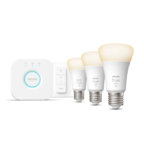 Philips Hue branca Kit inicial  3 lâmpadas inteligentes E27 (1100) + interruptor de regulação da intensidade da luz Philips Hue branca Kit inicial  3 lâmpadas inteligentes E27 (1100) + interruptor de regulação da intensidade da luz