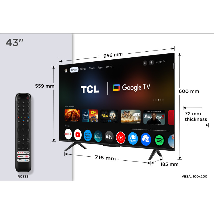 TCL P7K 43P7K TV 109,2 cm (43") 4K Ultra HD Smart TV Wi-Fi Metálico 430 cd m²